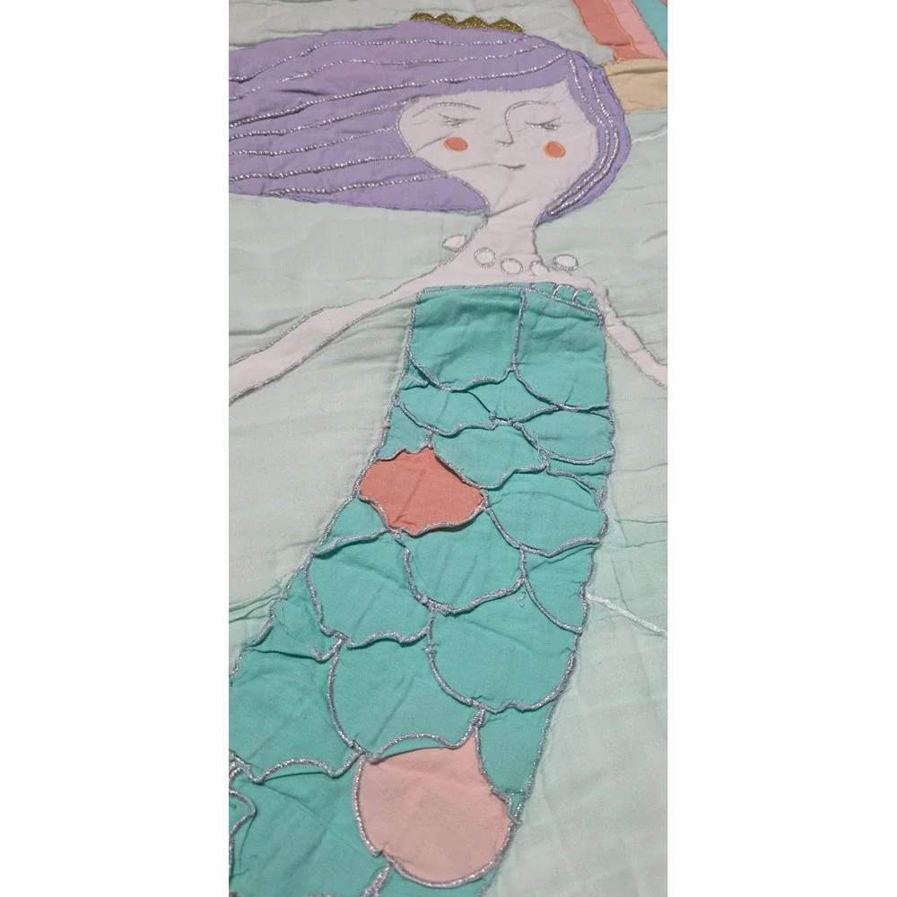 The Land of Nod Mermaid Mixer Quilt Twin Aqua Pink Castle Metallic Embroidery